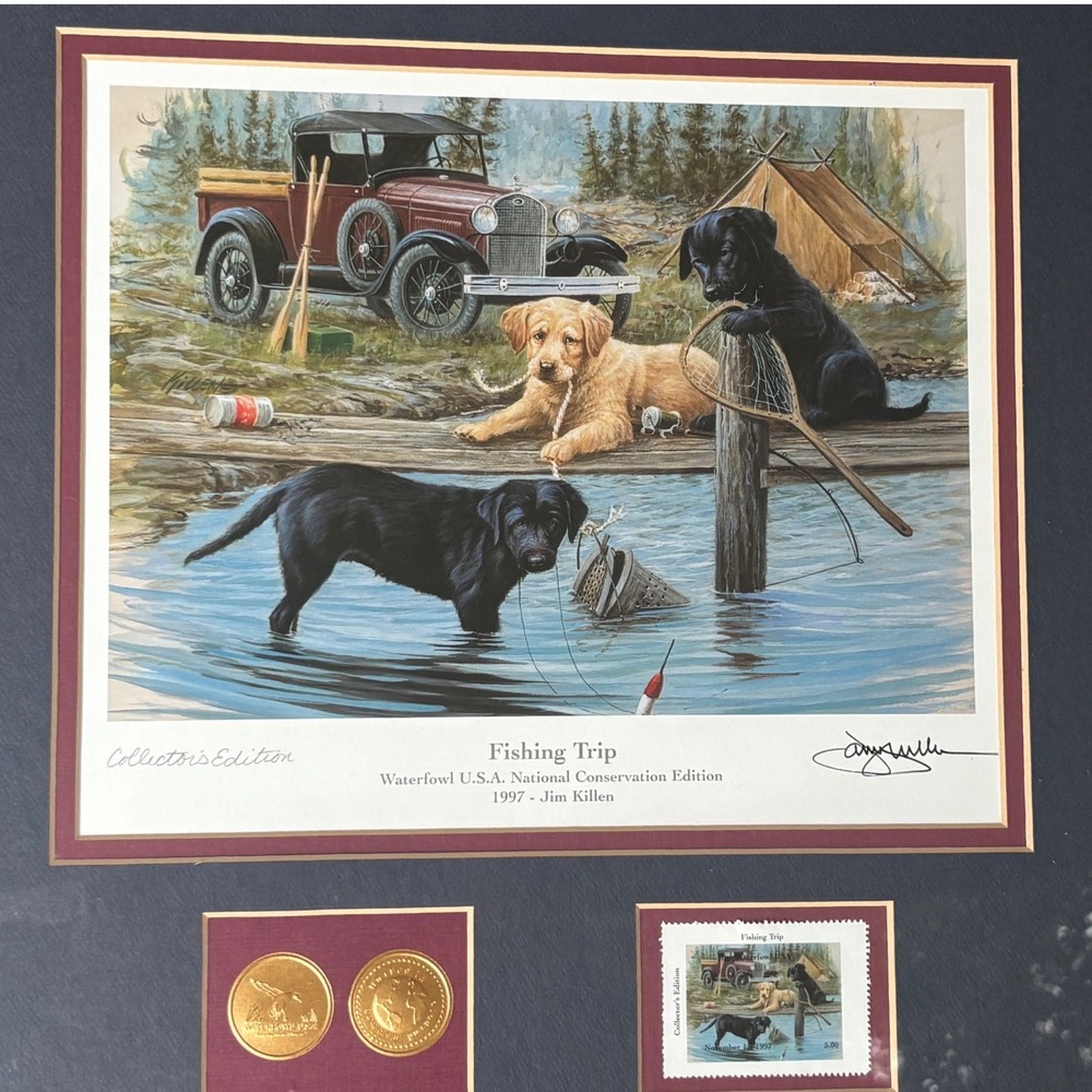 Jim Killen Fishing Trip 1997 Waterfowl USA Framed Print Stamp Medallion Labrador